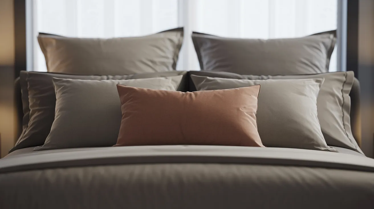 Layered pillow shams in neutral tones with accent cushion on neatly made bed