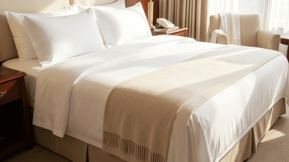 Luxury hotel bed with two flat white sheets neatly layered over a blanket, showing a clean and crisp hotel-style bedding setup
