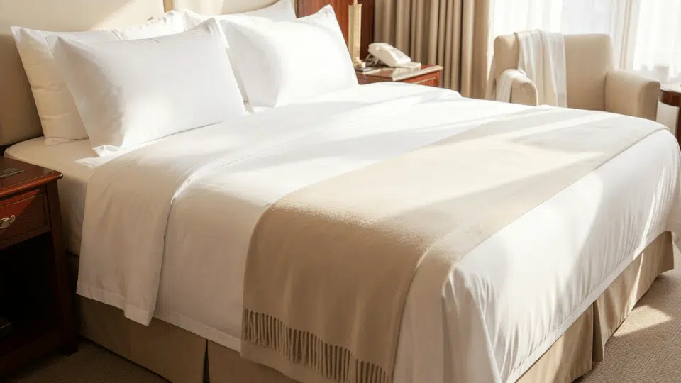 Luxury hotel bed with two flat white sheets neatly layered over a blanket, showing a clean and crisp hotel-style bedding setup