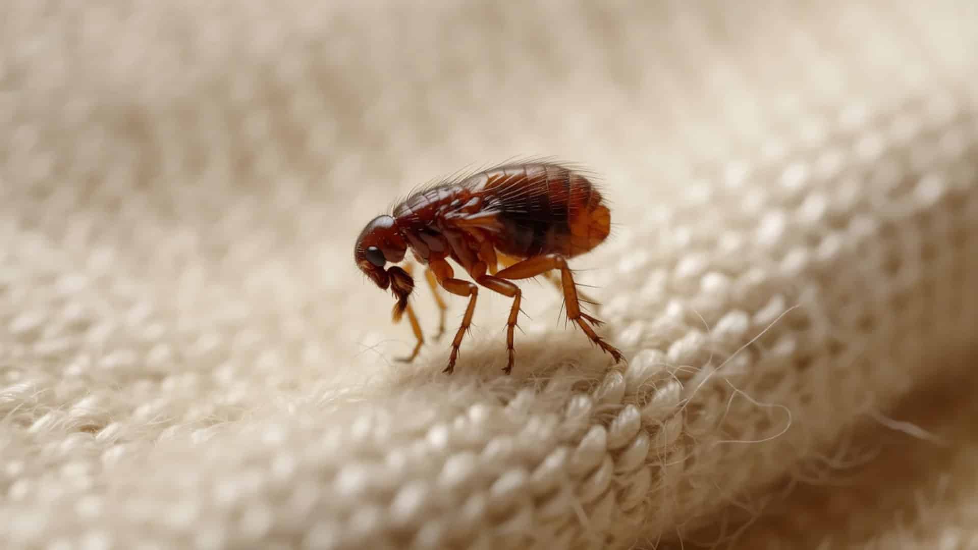 Macro view of a reddish flea standing on soft cream fabric with visible fibers