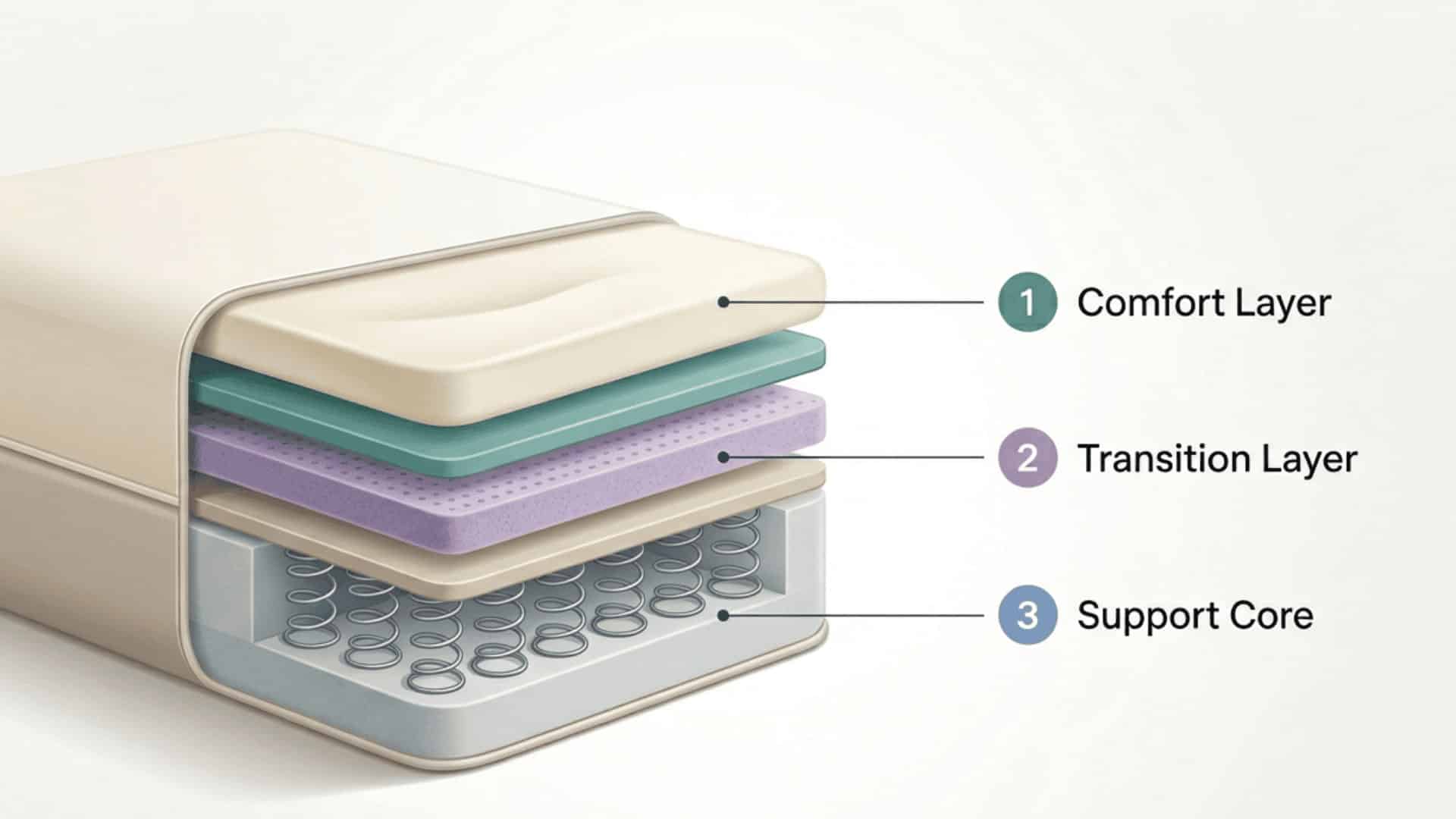 Mattress layers diagram showing comfort, transition, and support core layers