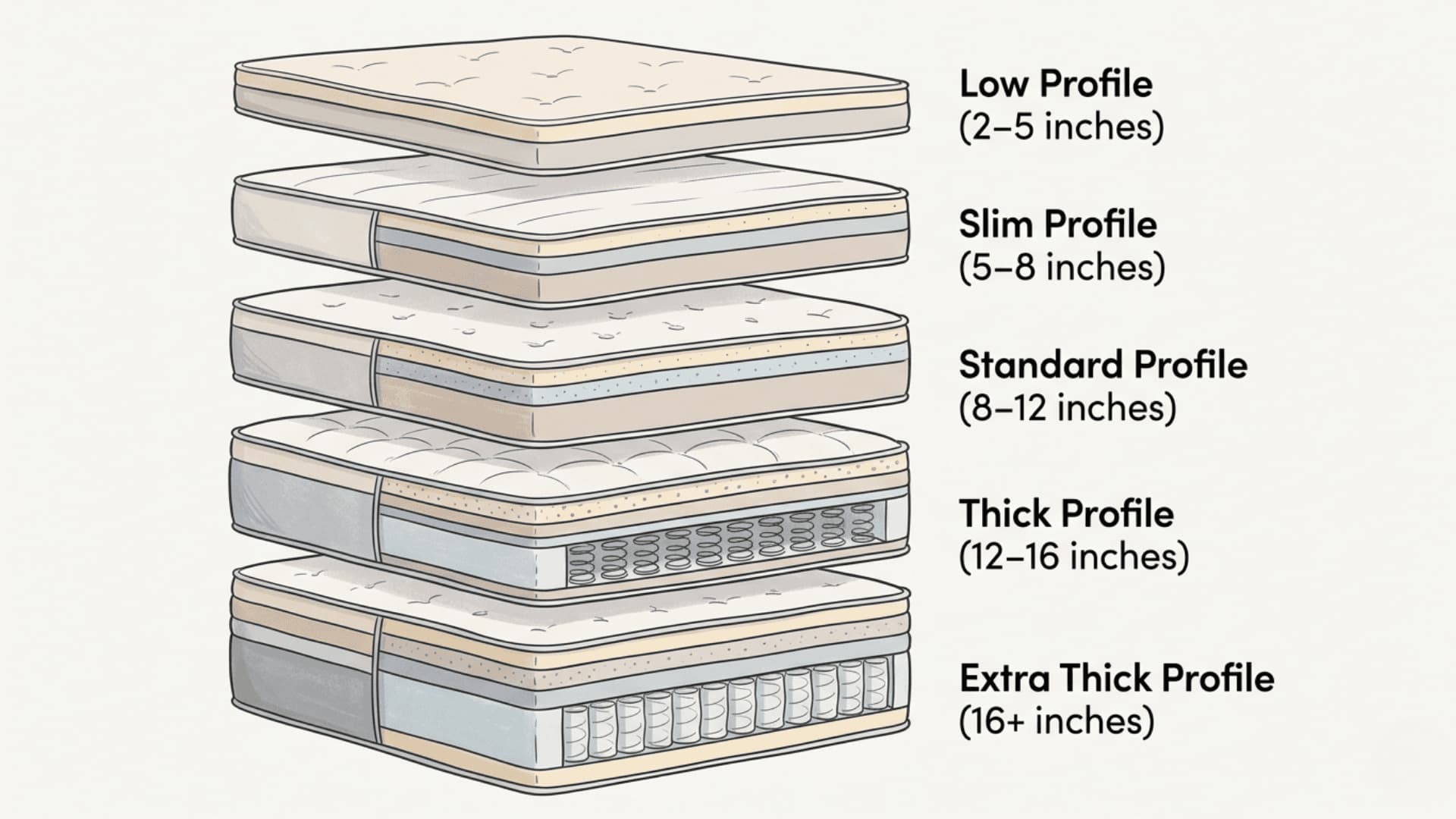Mattress thickness chart showing low, slim, standard, thick, and extra thick profiles