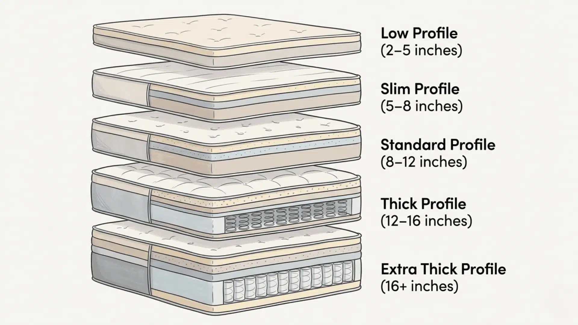 Mattress thickness chart showing low, slim, standard, thick, and extra thick profiles
