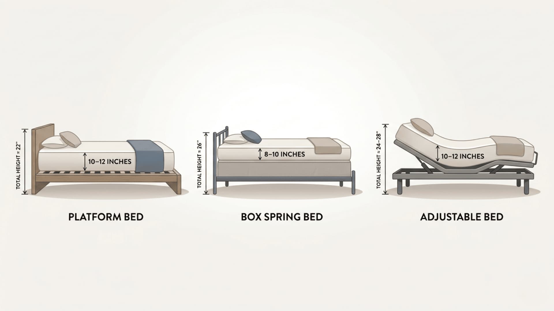 Mattress thickness comparison for platform, box spring, and adjustable beds