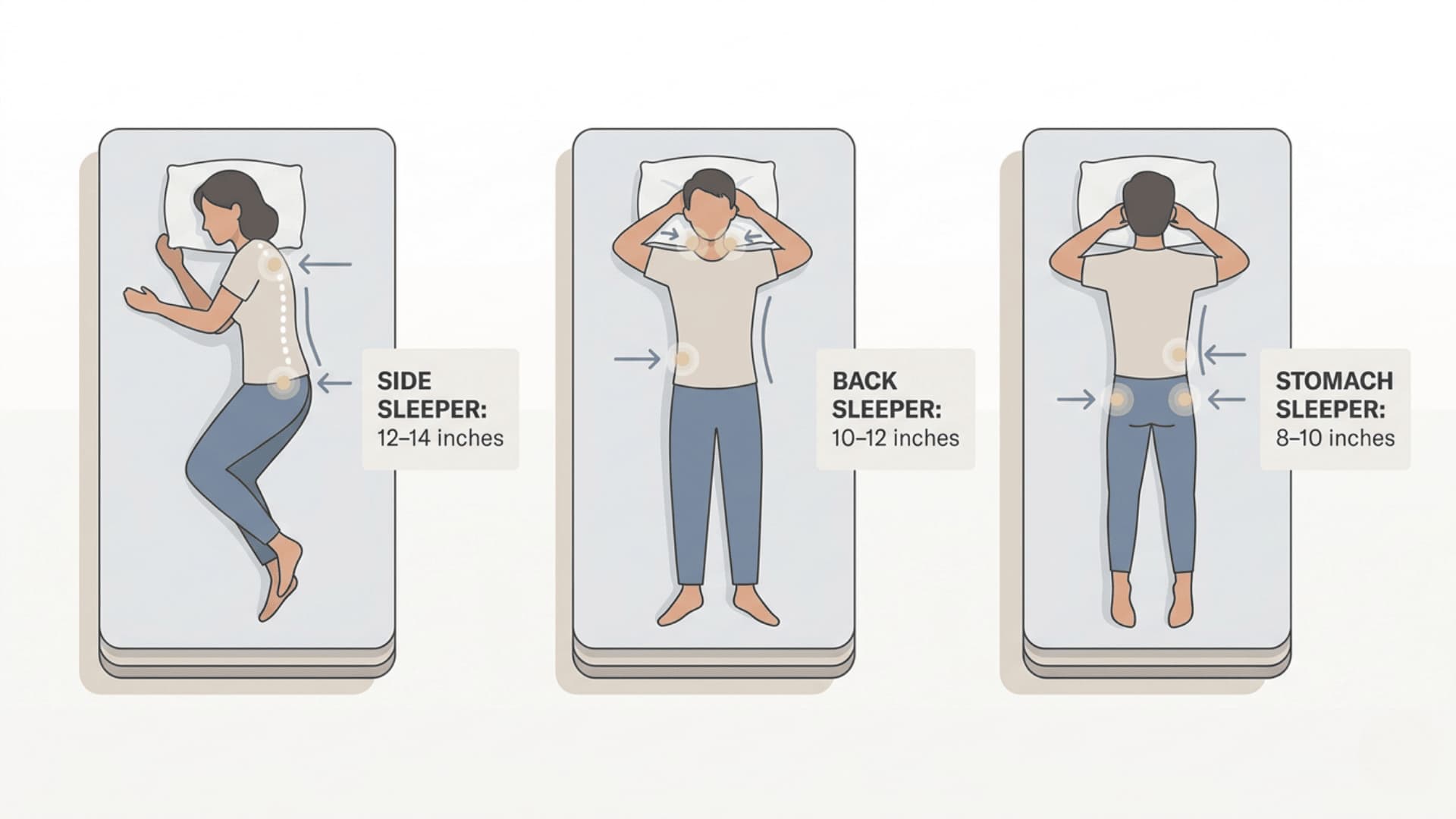 Mattress thickness guide by sleeping position side, back, and stomach sleepers