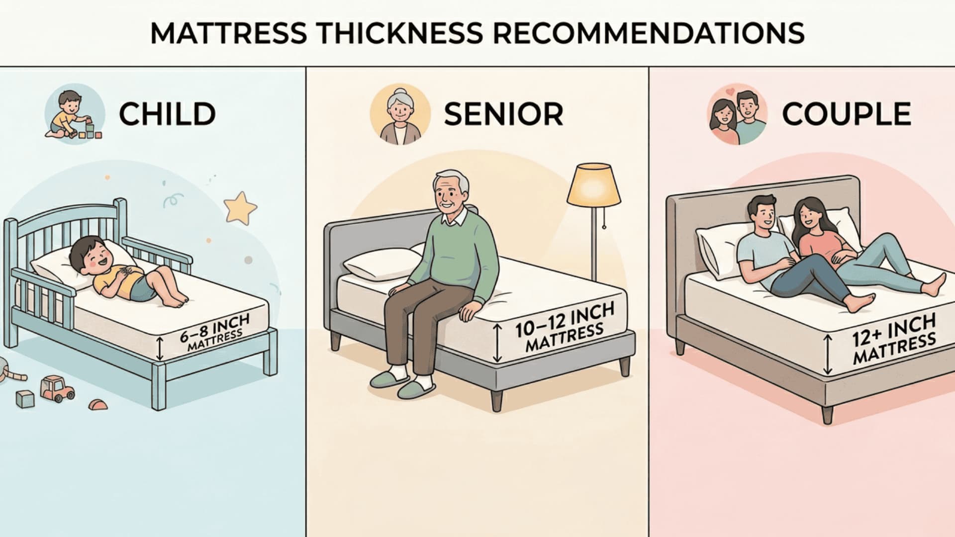 Mattress thickness guide for kids, seniors, and couples based on needs