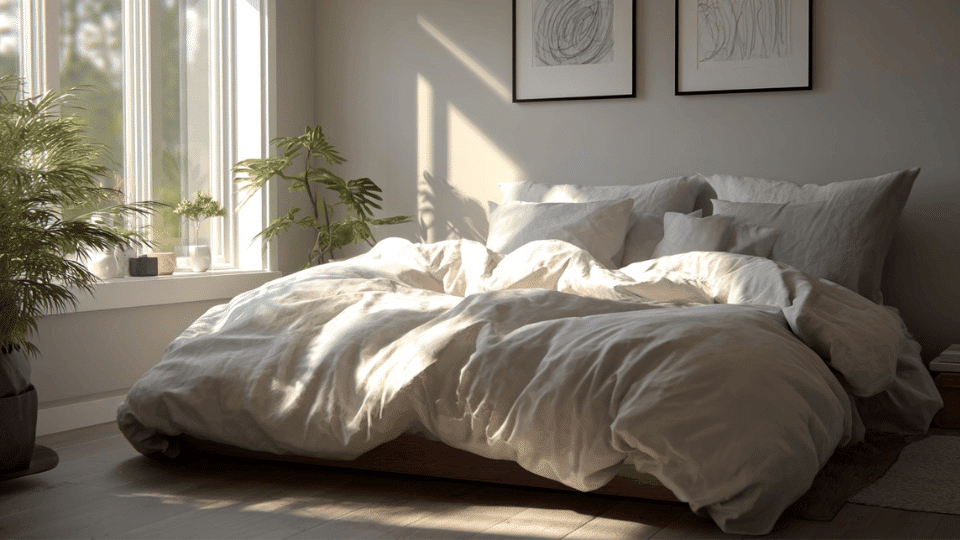 Modern bedroom with a clean comforter neatly spread on the bed