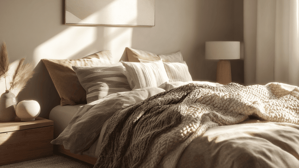Modern bedroom with a neatly made bed featuring a soft blanket draped over it, creating a cozy and minimal look