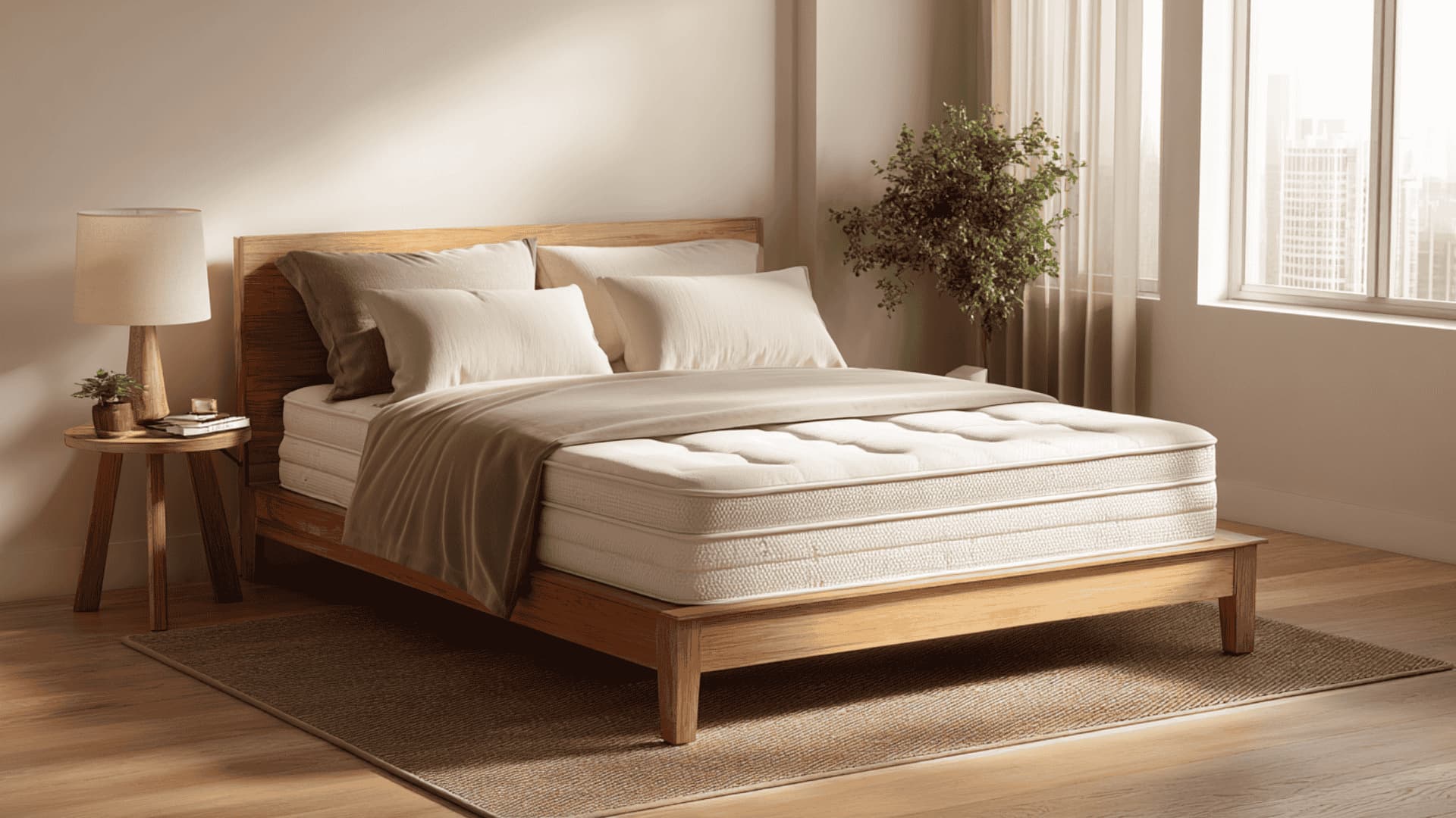 Modern bedroom with wooden bed frame, box spring, and mattress showing standard bed height