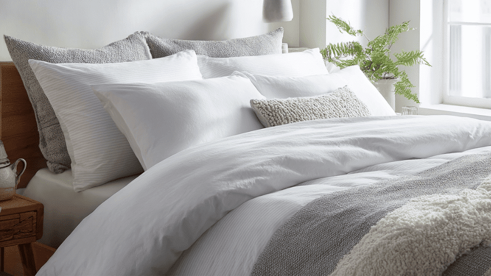 Neatly styled queen-size bed with queen pillows placed side by side, highlighting proper size and balanced arrangement in a modern bedroom.