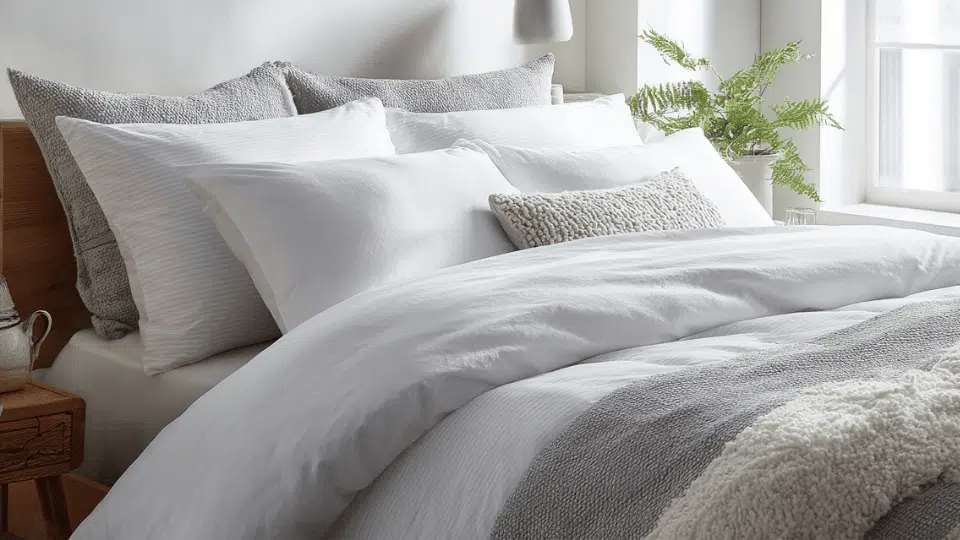 Neatly styled queen-size bed with queen pillows placed side by side, highlighting proper size and balanced arrangement in a modern bedroom.