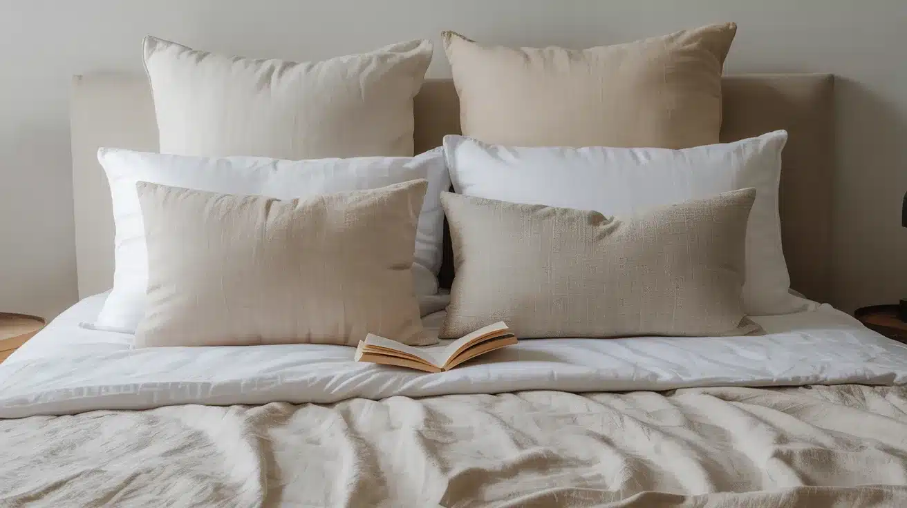Neutral bed with layered pillow shams, white bedding, and open book on duvet