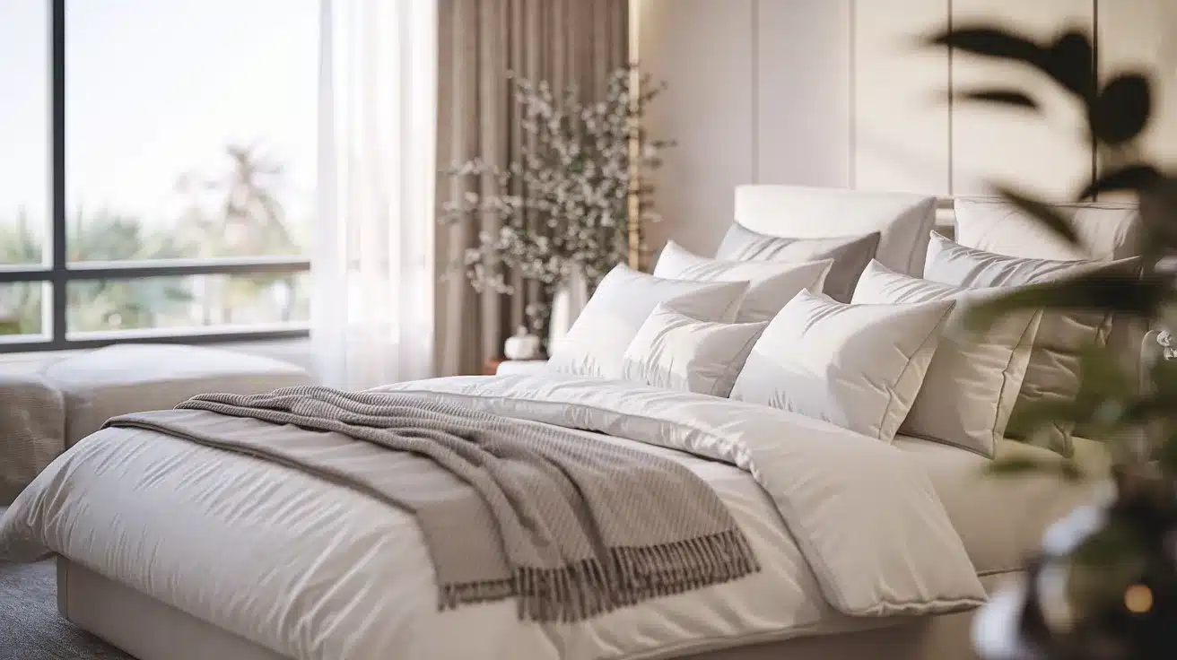 Neutral bedroom with white bedding, layered pillow shams, and beige throw near window