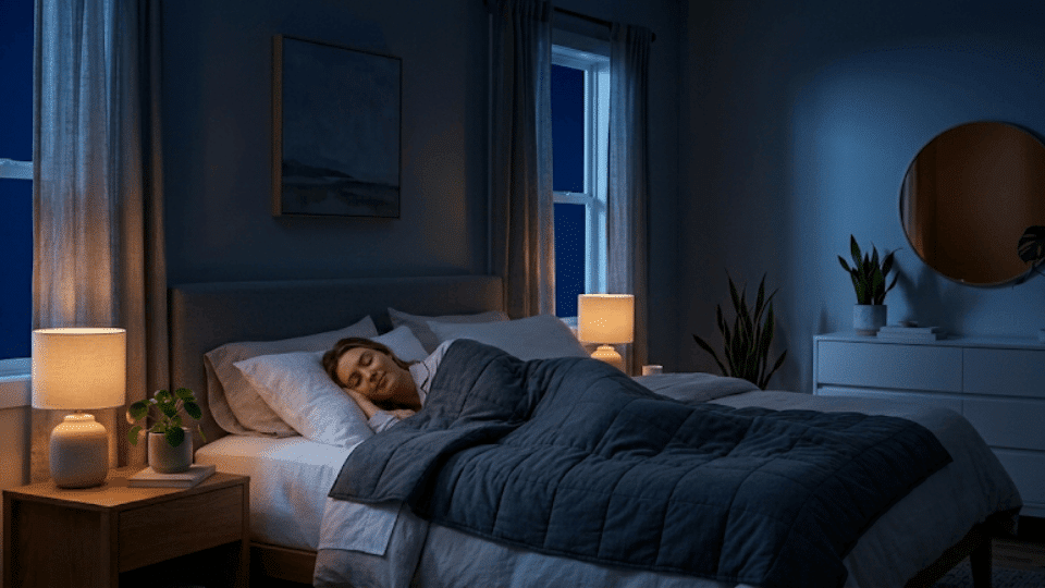 Person sleeping peacefully under a weighted blanket in a cozy bedroom