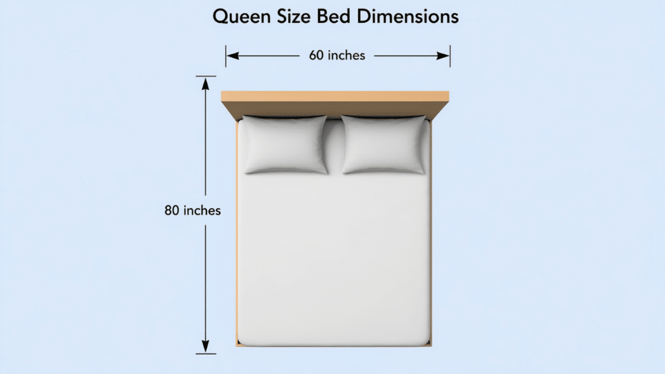 Queen size bed dimensions showing 60 inches width and 80 inches length