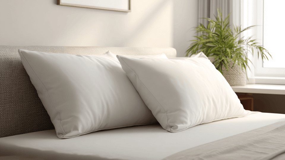 Queen-size bed with two evenly spaced queen-size pillows placed side by side, showing a neat and balanced arrangement.