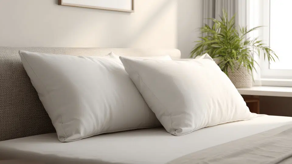 Queen-size bed with two evenly spaced queen-size pillows placed side by side, showing a neat and balanced arrangement.