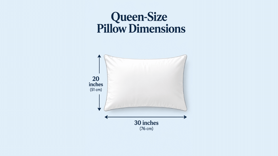Queen-size pillow dimensions infographic showing a pillow labeled 20 x 30 inches (51 x 76 cm) with arrows indicating length and width.