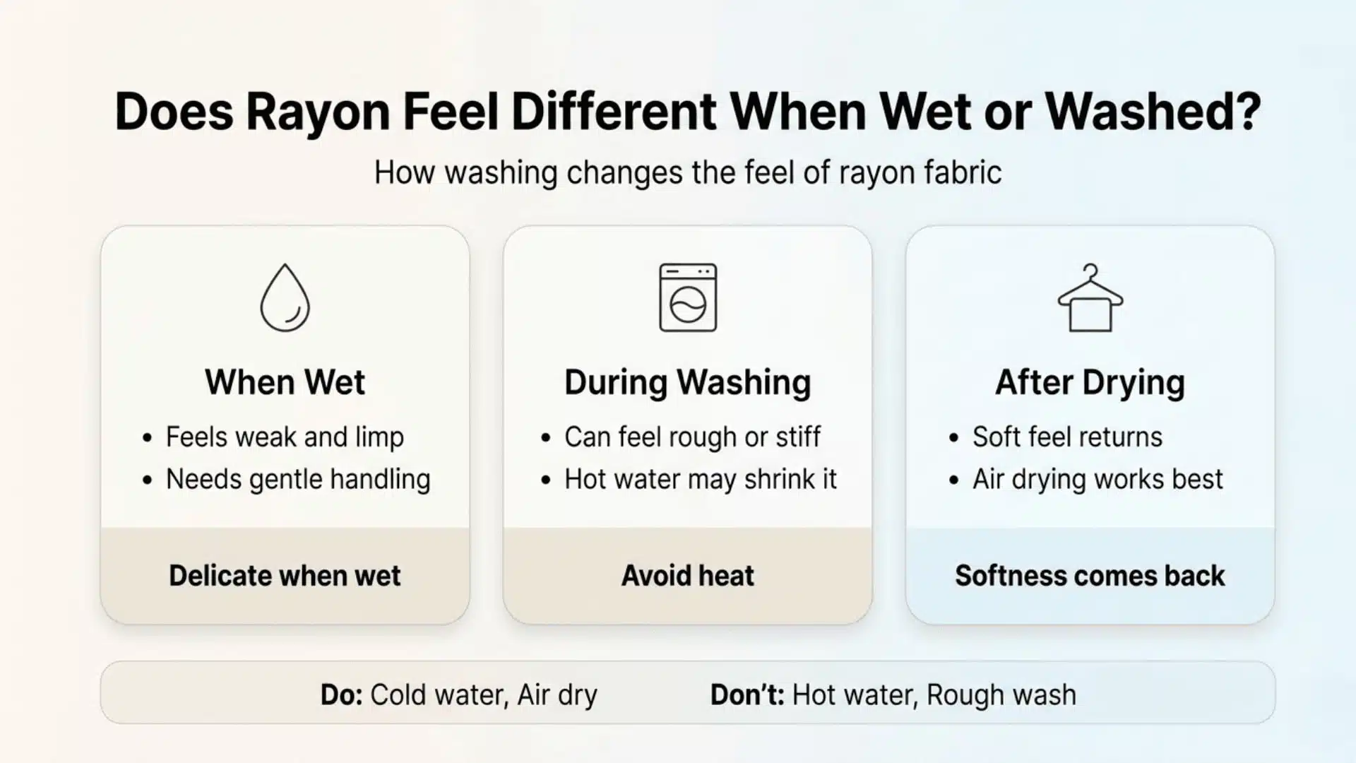 Rayon care infographic wet feel, washing effects, and drying tips