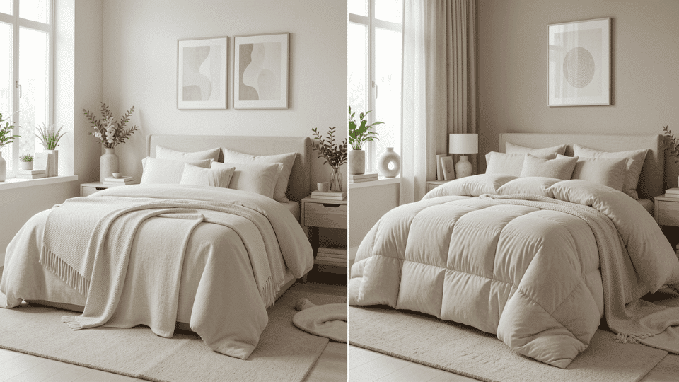 Side-by-side bedrooms showing a bed with a lightweight blanket on one side and a bed with a thick comforter on the other, highlighting the difference between blanket and comforter
