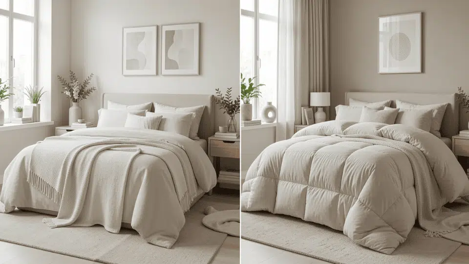 Side-by-side bedrooms showing a bed with a lightweight blanket on one side and a bed with a thick comforter on the other, highlighting the difference between blanket and comforter