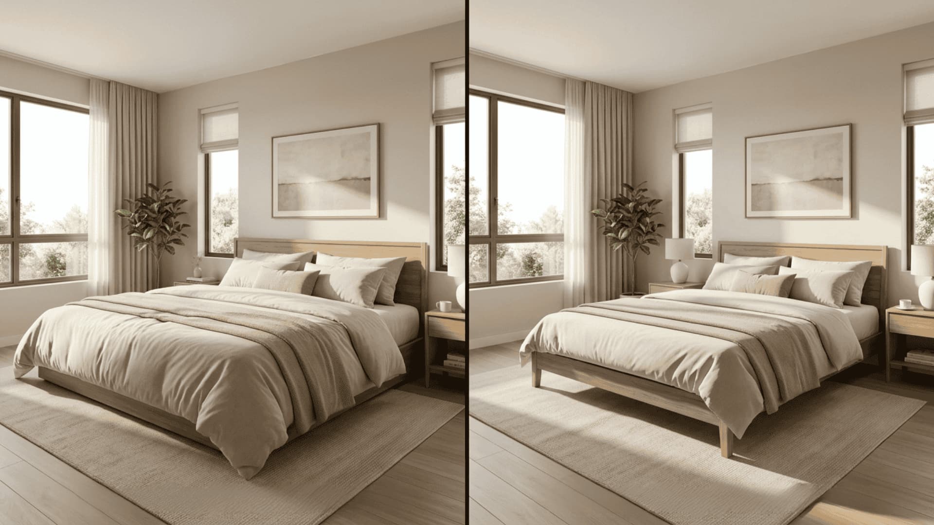 Split-screen comparison of a massive Alaskan King bed vs. a standard California King.