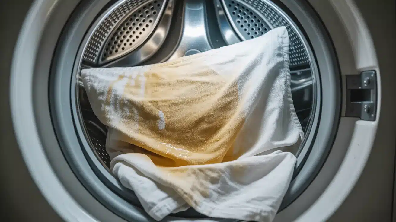 Stained white pillow inside washing machine drum during laundry cycle