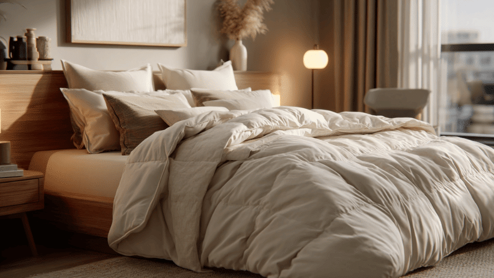 Stylish bedroom with a bed covered in a thick, fluffy comforter, giving a warm and plush appearance