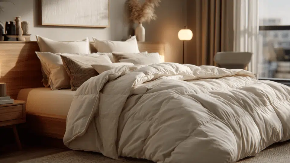 Stylish bedroom with a bed covered in a thick, fluffy comforter, giving a warm and plush appearance
