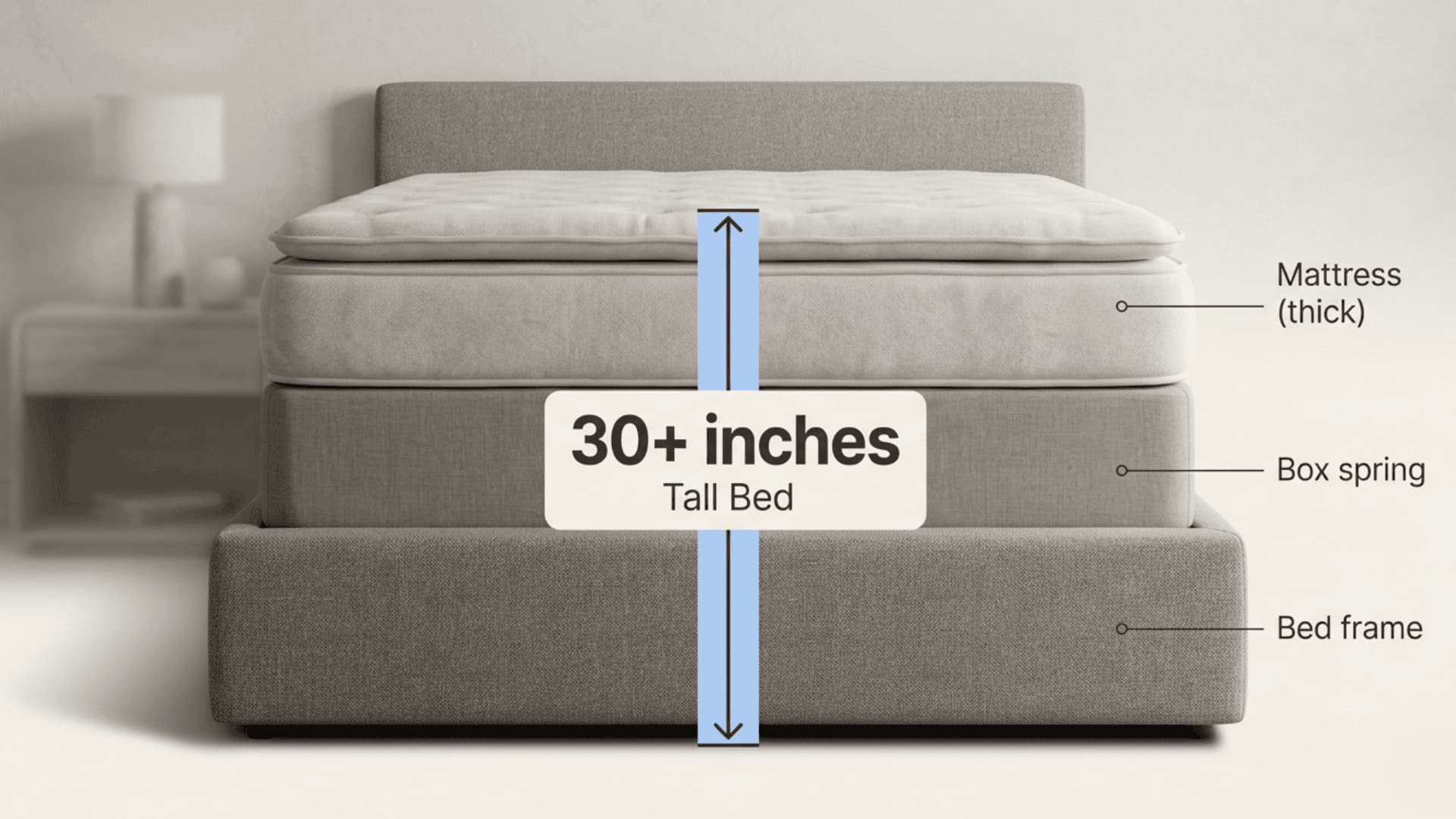 Tall bed diagram showing 30+ inch height with labeled mattress, box spring, and frame