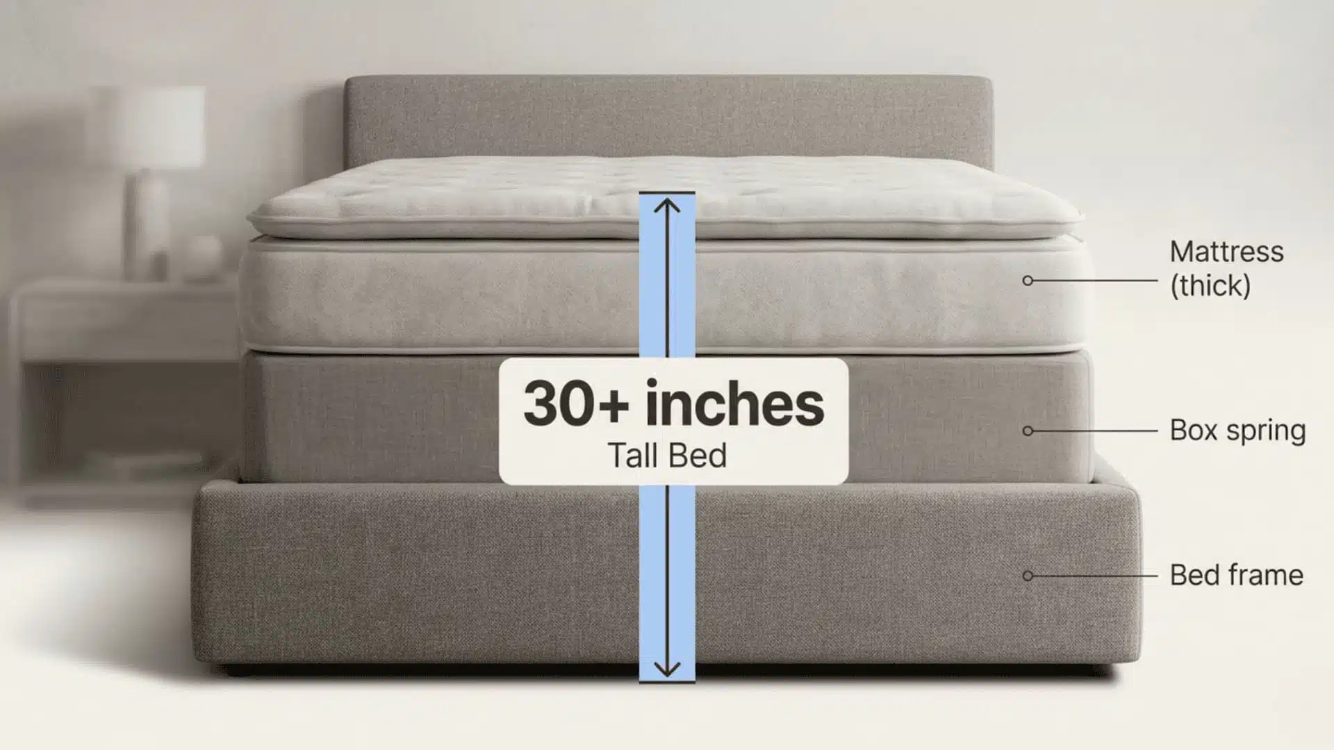 Tall bed diagram showing 30+ inch height with labeled mattress, box spring, and frame