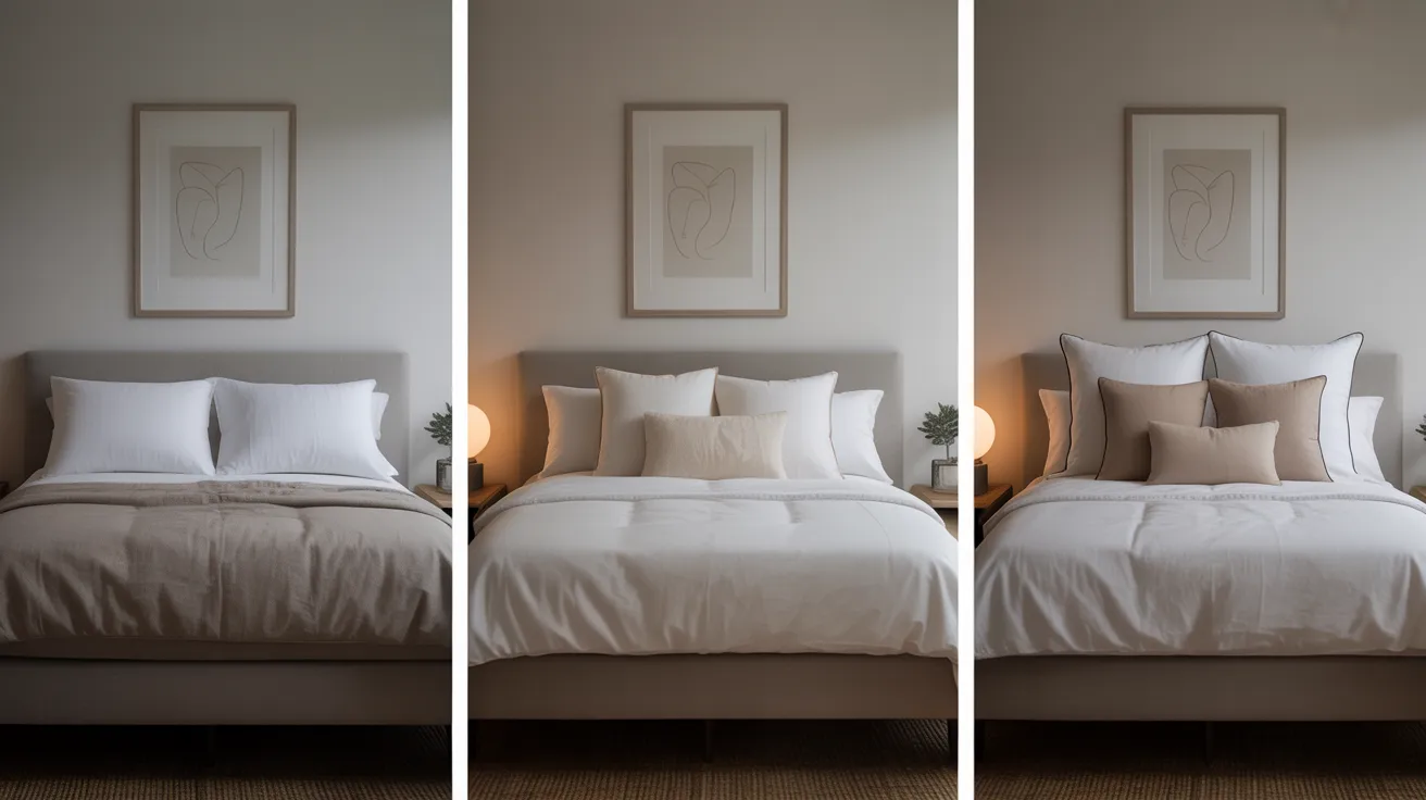 Three beds showing pillow sham layering from minimal to fully styled arrangement