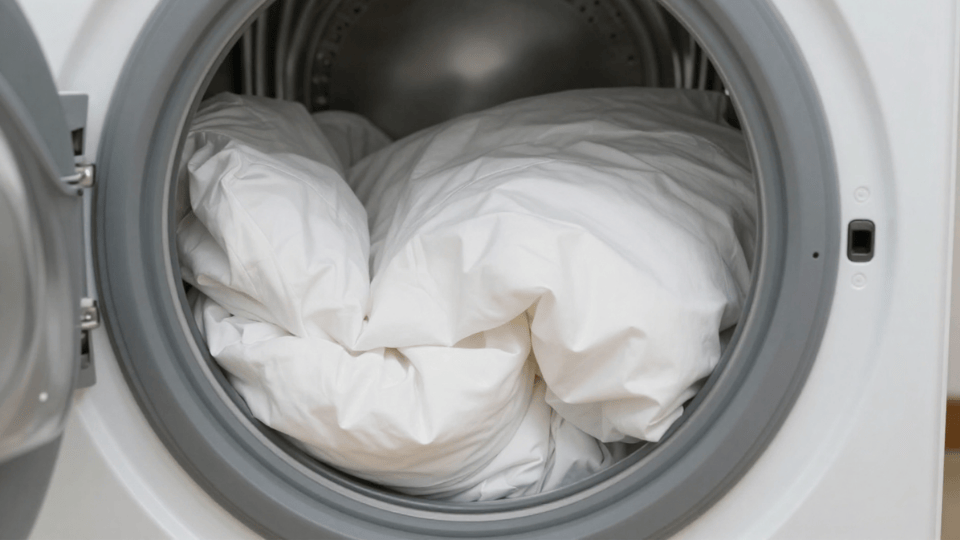 White down comforter being placed into a dryer for high heat treatment to kill bed bugs