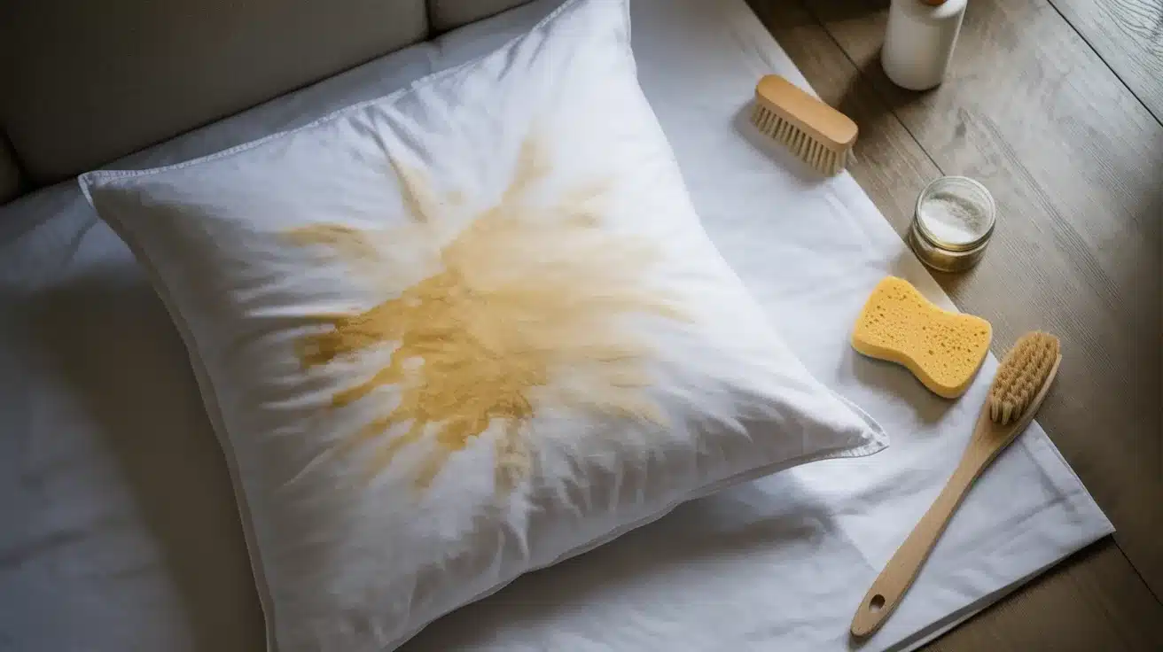 White pillow sham with stain, cleaning brush, sponge, and soap on wood surface