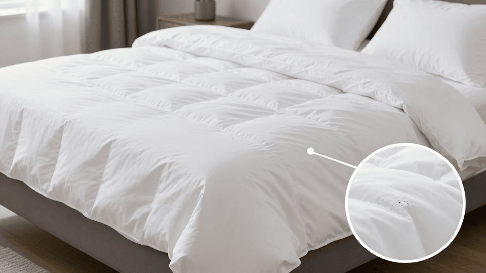White down comforter on a bed with visible dark spots along the seam indicating possible bed bug signs
