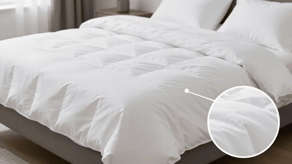 White down comforter on a bed with visible dark spots along the seam indicating possible bed bug signs