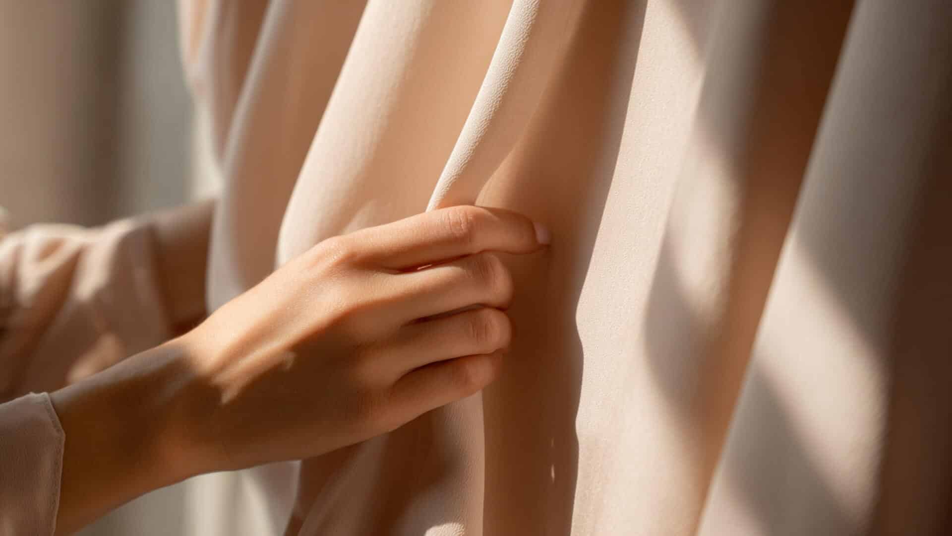 Woman gently holding soft rayon fabric indoors in bright natural daylight scene