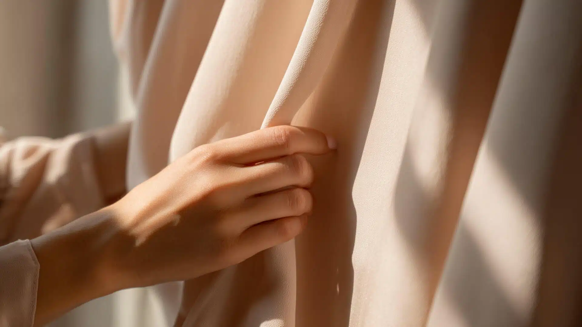 Woman gently holding soft rayon fabric indoors in bright natural daylight scene