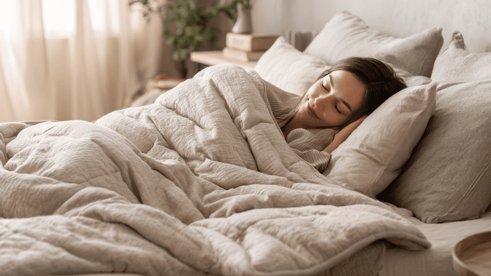 Woman sleeping peacefully under a thick weighted blanket in a cozy, softly lit bedroom