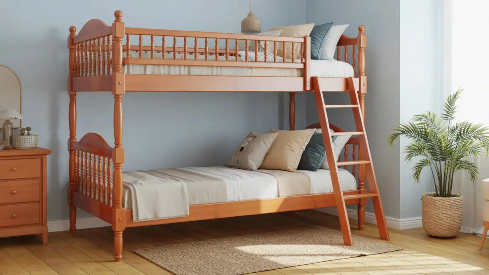 Wooden bunk bed with ladder in a bright bedroom with blue walls, dresser, rug, and potted plant