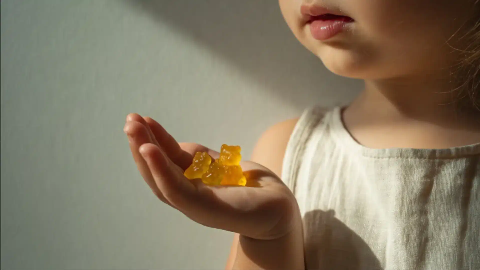 A close-up of a child holding a yellow gummy candy in their palm while looking at it