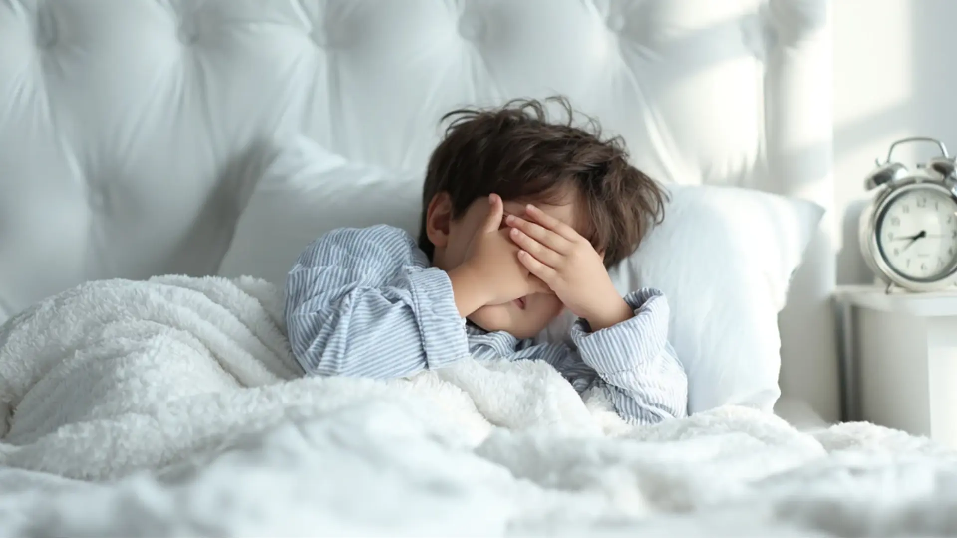A sleepy child lying in bed under a white blanket, yawning with their hand covering their eyes while reaching toward an alarm clock on a bedside table.