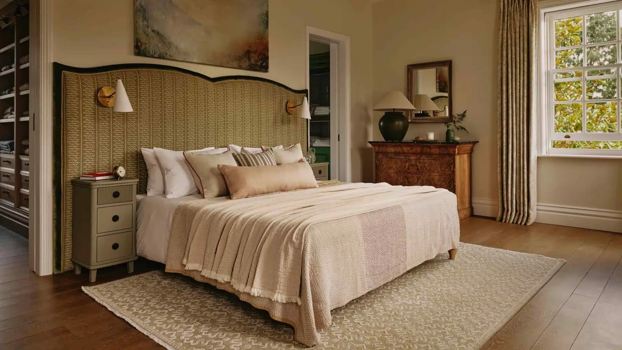 bed with pillows and bedsheet, lamps on the top corners