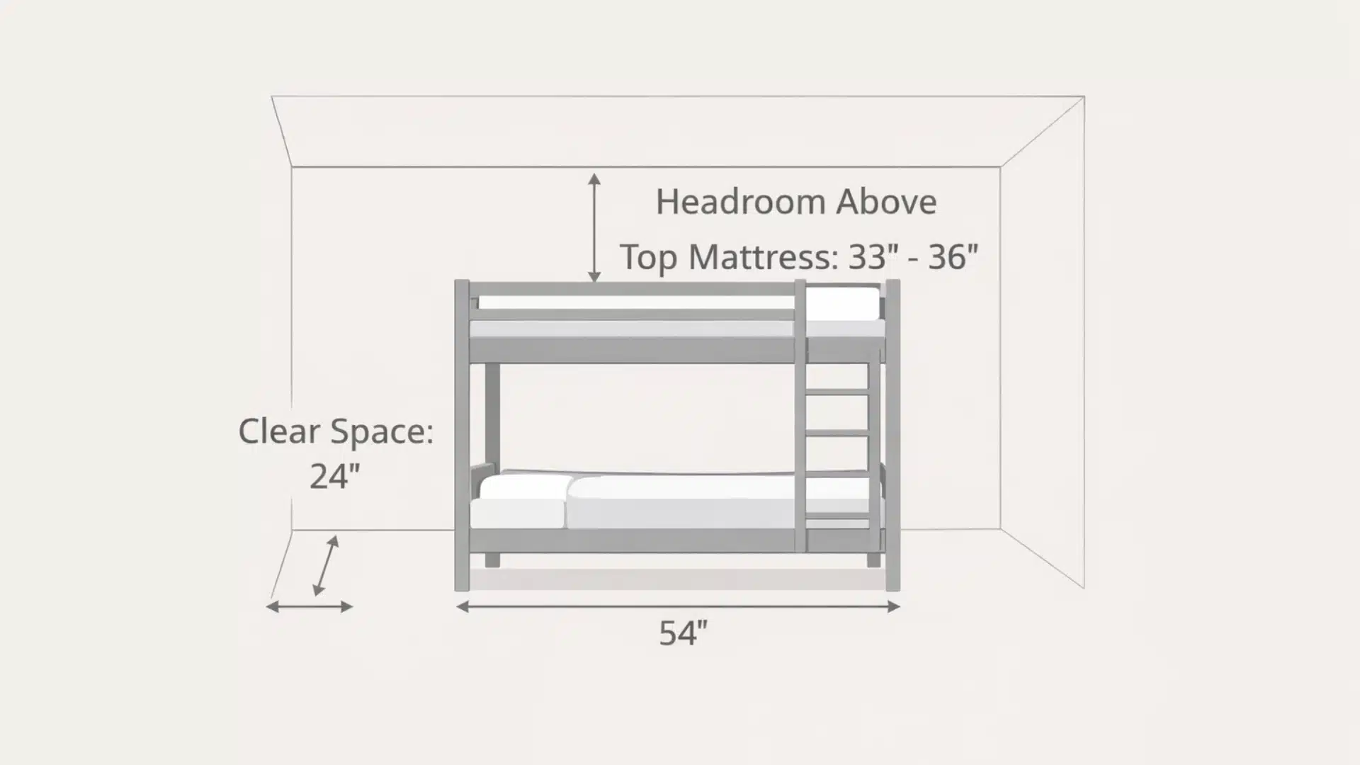 bunk bed room measurement infographic showing floor space, ceiling height, and clear walking room