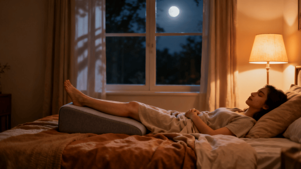 Cozy bedroom at night with a woman sleeping on her back, legs elevated on a wedge pillow, soft lighting, and peaceful ambiance