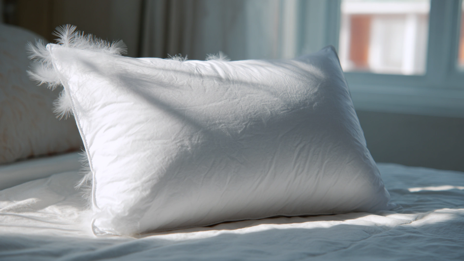 Feather pillow on bed with firmer shape and smooth cotton cover in daylight
