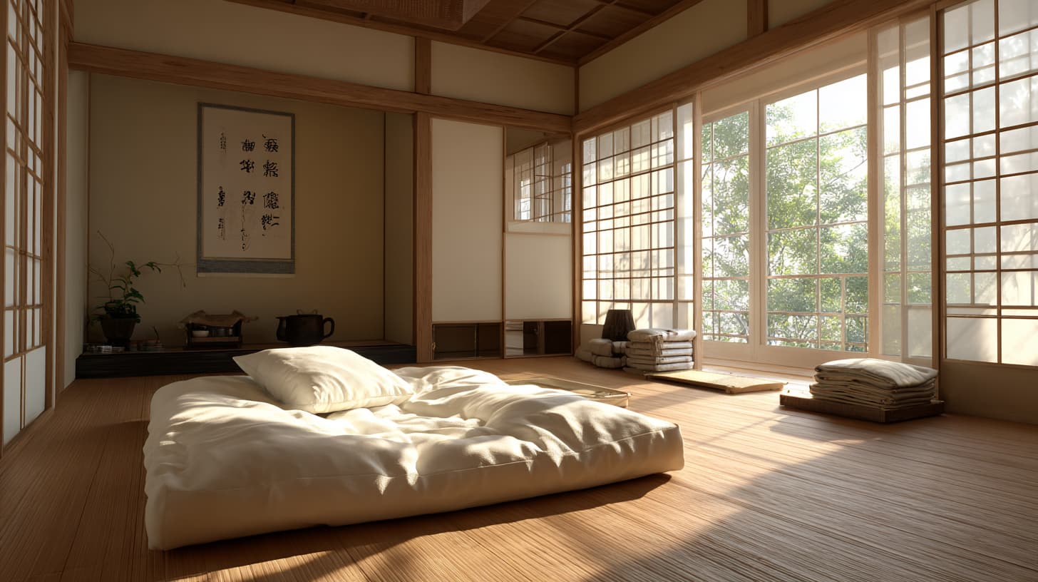 feature, traditional Japanese futon bed on tatami mat in minimalist room