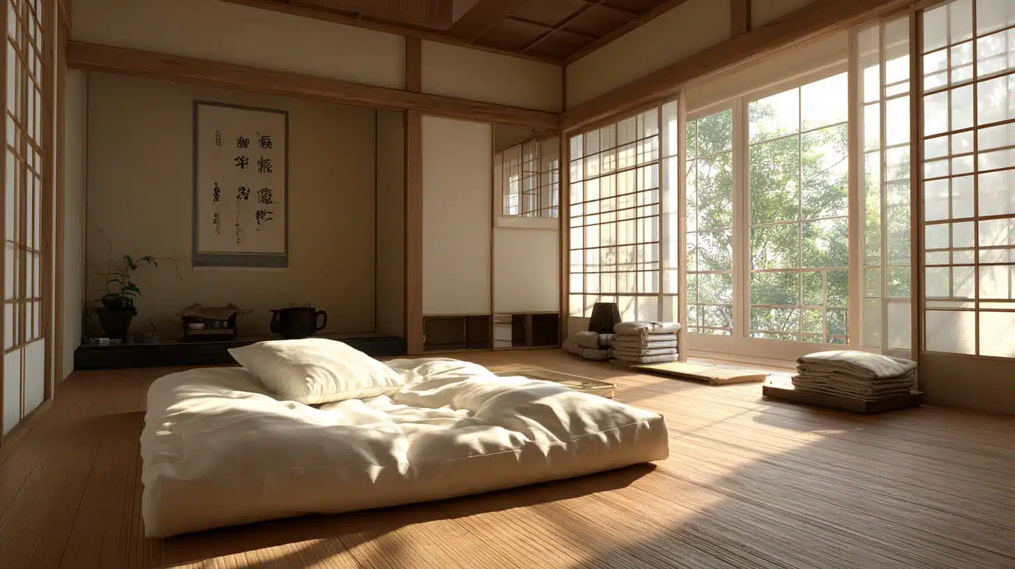 feature, traditional Japanese futon bed on tatami mat in minimalist room