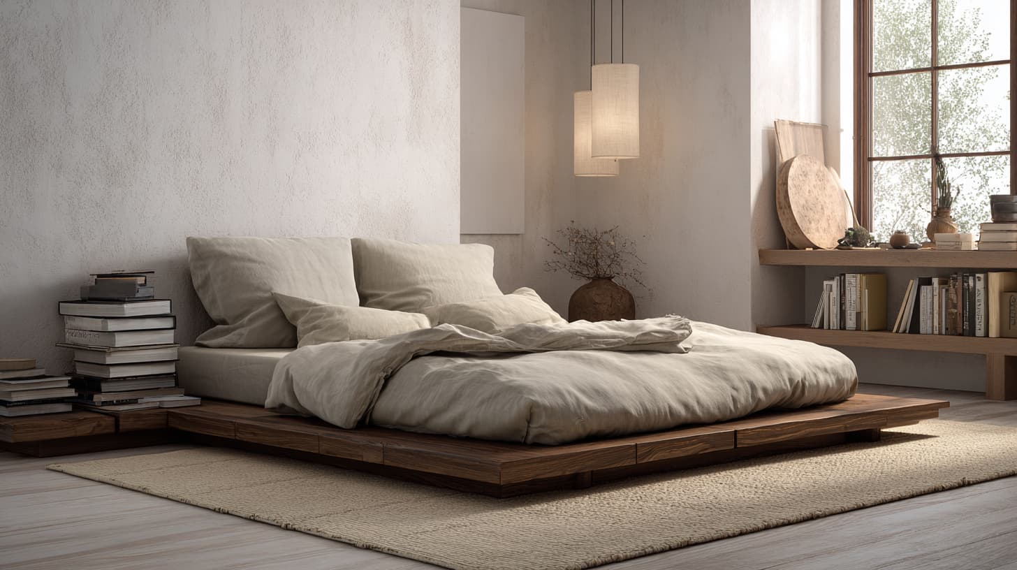 low profile bed frame in minimalist Japanese bedroom