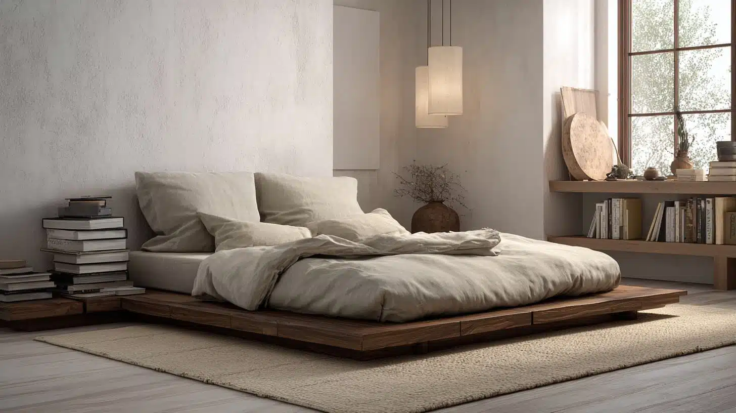 low profile bed frame in minimalist Japanese bedroom